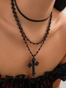 2pcs Minimalist Vintage Cross Pendant Crystal Necklace, Dark Style Layered Metal Choker Necklace, Suitable For Party, Gift, Daily Wear - Black - View 4