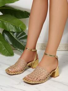 2025年新款夏季方头编织网眼中粗跟凉鞋，系带凉鞋，镂空高跟派对凉鞋，女士 - 金色 - 查看 3