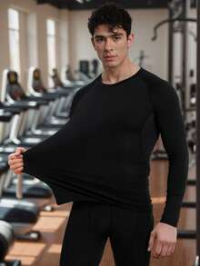 3pcs Men's Compression Shirts, Breathable Quick Dry Basic Long Sleeve Athletic T-Shirts, High Elastic Solid Color Crew Neck, Suitable For Gym, Running, Casual And Outdoor Activities Black Spring Sports - Black - View 4