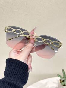 1pc Women Pink Geometric Ombre Lens Rimless Metal Chain Elegant Delicate Popular Design Fashion Eyeglasses For Street Snap Banquet Wedding Vacation Outfits Going Out Outfit Fashion Accessories For Summer Beach Vacation,Outdoor,Travel