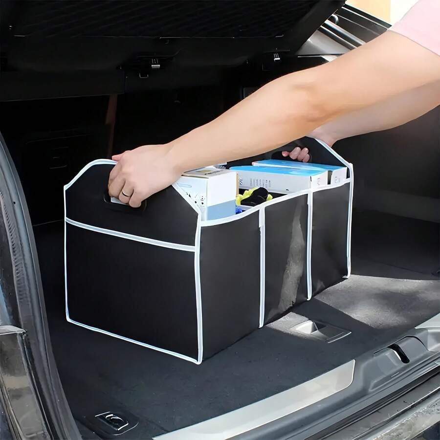 Black Folding Car Storage Box With Mesh Pockets - Large Capacity, Space-Saving Travel Design, Small And Foldable For Easy Storage,Urable Fabric With White Decoration, Perfect For Car Interior Organization, Vehicle Storage - Black - View 1