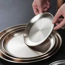 Stainless Steel Round Serving Plate - Brushed Finish Metal Tray For Salad, Pizza, Steak & Dessert - Easy Clean Tableware For Party & Holiday - Silver - Multicolor - View 3
