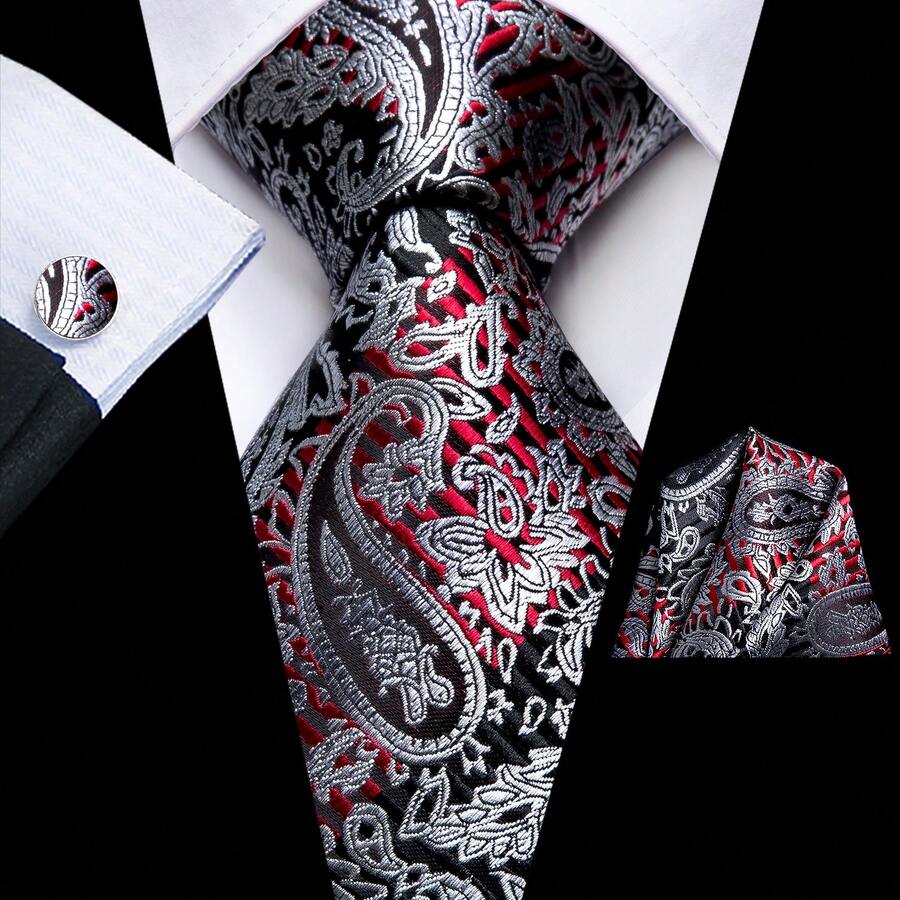 3pc/Set Mens Paisley Tie Grey Red Ties Hanky Cufflinks Necktie Set Formal Wedding Party Gift Office Bussiness - 灰色 - 查看 1