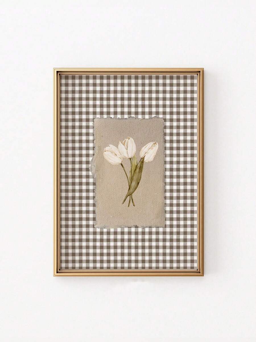 1 件无框白色郁金香墙壁艺术印刷棕色格子 Cottagecore 花卉海报，简约农舍花卉画布，适用于客厅/卧室/宿舍，春季植物美学房间装饰和完美礼物（墙壁印刷品、时髦海报、返校）