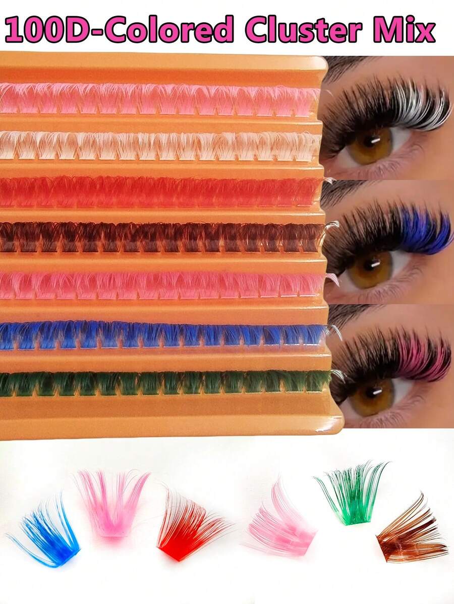 Asiteo 112pcs D Curl 100D Colored Fluffy False Eyelashes, Single Strand Fake Lashes, Natural Colors - Pink, Green, White, Red, Blue, Brown, Soft Fan-Shaped Single Strand Colored Lashes For DIY At Home - D - 查看 1