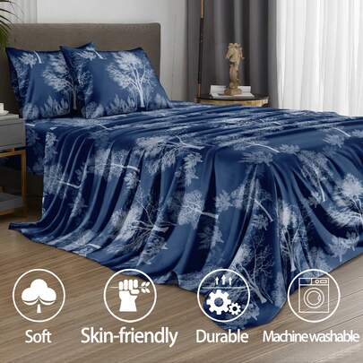 四件套花园藏蓝色树木图案床上用品套装，包含1个床裙、1个床单和2个枕套（不含枕芯）。奢华床裙套装，可选尺寸：特大号、大号、标准大号、单人床。深口袋床裙设计，可适配最大11.8英寸的床裙。柔软透气，抗皱，提升睡眠质量。奢华酒店风格，是送给父母、朋友、返校或宿舍的理想礼物。
