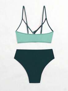 Stylish Two-Tone Crisscross Swimsuit – Tummy Control Bottom For A Flattering And Supportive Fit - 綠色 - 查看 4