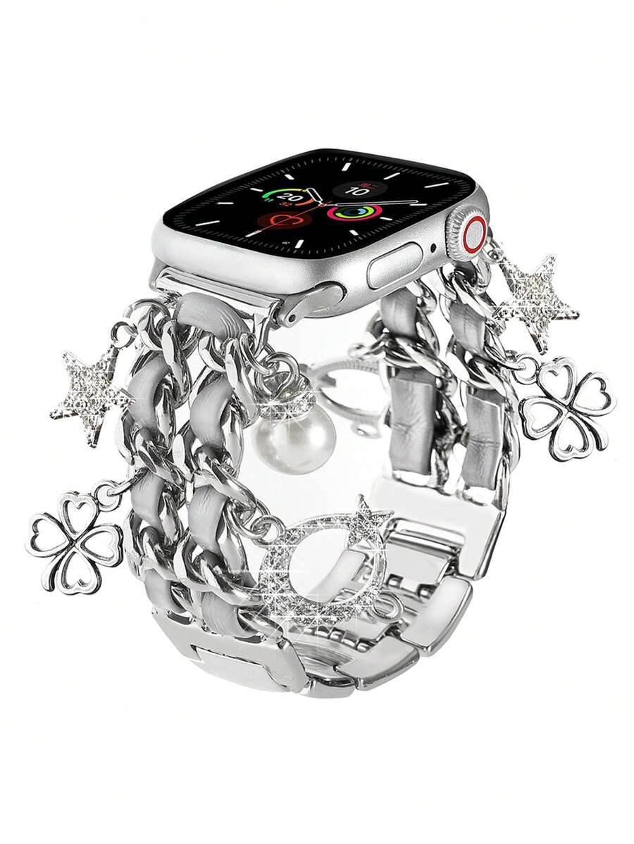 1 件银色星形吊坠表带，适用于女士，兼容 表带 38mm40mm41mm42mm44mm45mm46mm49mm，链条式皮革手链，兼容 Series 10/9/8/7/6/5/4/3/2/1/SE/Ultra，可调节腕带，情人节礼物 - 銀色 - 查看 1