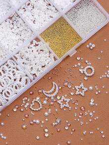 1 Box 24 Slots Nail Art Decorations, Resin Rhinestones, Steel Beads, Faux Pearl Nail Jewelry, Random Mixed Nail Art DIY Accessories