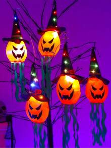 1 件万圣节女巫南瓜鬼魂吊灯，可爱又发光的巫师南瓜装饰吊灯，电池供电，适用于室内和室外万圣节装饰灯、主题室内酒吧场景恐怖装饰、室内客厅、卧室、壁炉墙壁和天花板悬挂装饰、户外门廊和庭院装饰、万圣节派对和节日装饰