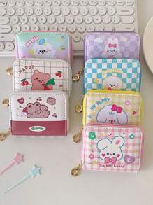 1 PC Girls Square Coin Purse Cartoon Cute Bunny Multi-Card Slot Short Card Holder Student PU ID Bag Wallet