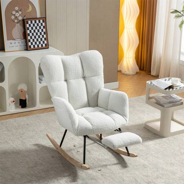 Sairedel Chaise Berçante Blanche en Tissu Teddy - Avec Repose-Pieds Escamotable - Design Moderne et Confortable
