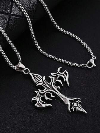 1pc Punk Style Long Flame Cross Pendant Stainless Steel Necklace For Men, Suitable For Daily, Date, Party, Travel Wear, Great Gift For Couples And Friends