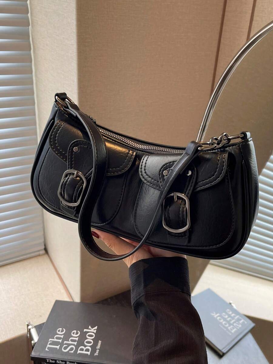 Buckle & Studded Decor Bag - Black - View 1