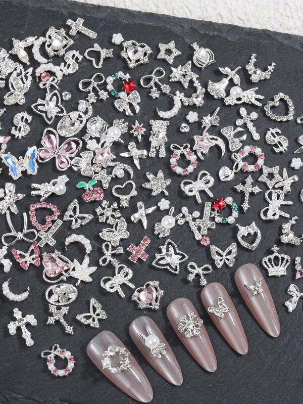 50 Pieces Of Luxurious Gold Alloy Nail Accessories Set Randomly, Including Rhinestones, Pearls, Hearts, Bows, And 3D Nail Accessories, Suitable For Daily Wear And DIY Nail Art