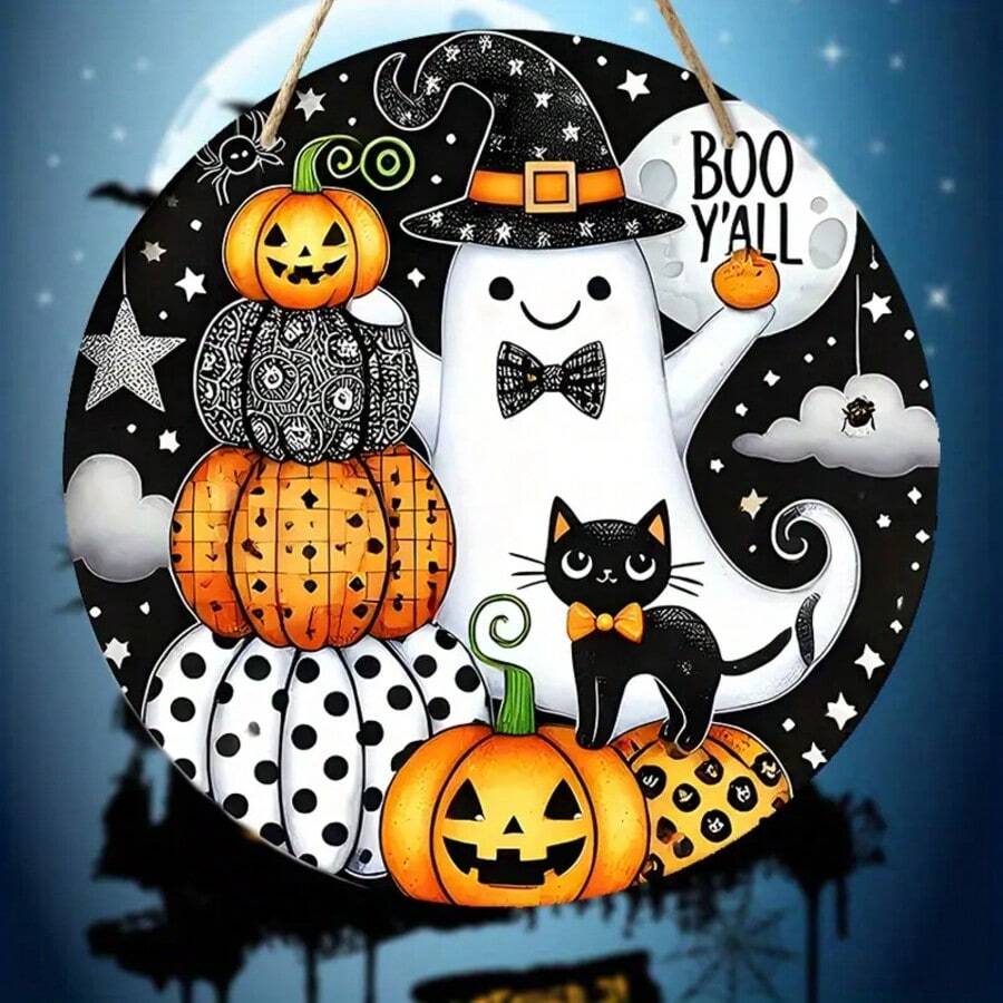 1 件万圣节木制标志，印有鬼魂、黑猫和南瓜图案 - 圆形“BOO Y'ALL”门和墙壁挂饰，万圣节装饰 - 无需电力。家居装饰 房间装饰 秋季装饰