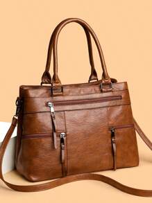 1pc Women's Solid Color Retro Handbag, Large Capacity Tote Bag With Multiple Zipper Pockets, Waterproof PU Dual Top Handle Portable Outdoor Casual Business Versatile Shoulder Bag, Stitched Anti-Theft Crossbody Bag - Brown - View 2
