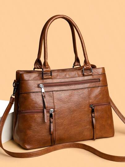 1pc Women's Solid Color Retro Handbag, Large Capacity Tote Bag With Multiple Zipper Pockets, Waterproof PU Dual Top Handle Portable Outdoor Casual Business Versatile Shoulder Bag, Stitched Anti-Theft Crossbody Bag