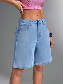 Jeanoix 高腰阔腿牛仔短裤，妈妈短裤 - 淺色水洗藍 - 查看 5