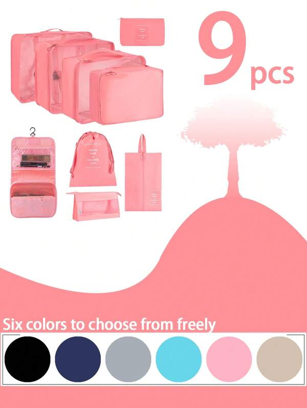 9pcs/Set Multifunctional Travel Organizer Bags, Various Practical Organizer Components, Modular Design Made Of High-Density Waterproof Nylon, Convenient For Organization, Mesh See-Through Design