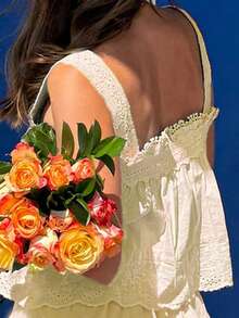 Women Lace Patchwork Tank Top Sleeveless Square Neck Tie-Up Front Ruffle Trim Vest Shirts For Summer Vacation - 黃色 - 查看 2