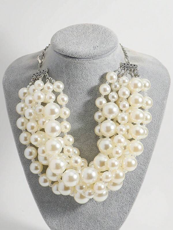 1 Pc Vintage Glamorous Multi-Layer Faux Pearl Necklace, Suitable For Women Evening Party, Wedding Or Gift