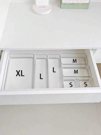 8pcs/4pcs Desk Makeup Organizer Set, Combination Transparent Plastic Drawer Storage Organizer, Vanity Makeup Organizer, Elegant Storage Box, Desk Drawer Divider Organizer Box, Suitable For Kitchen, Bedroom, Bathroom, Office Makeup, Jewelry, Small Tools, Party Desk Drawer Decor