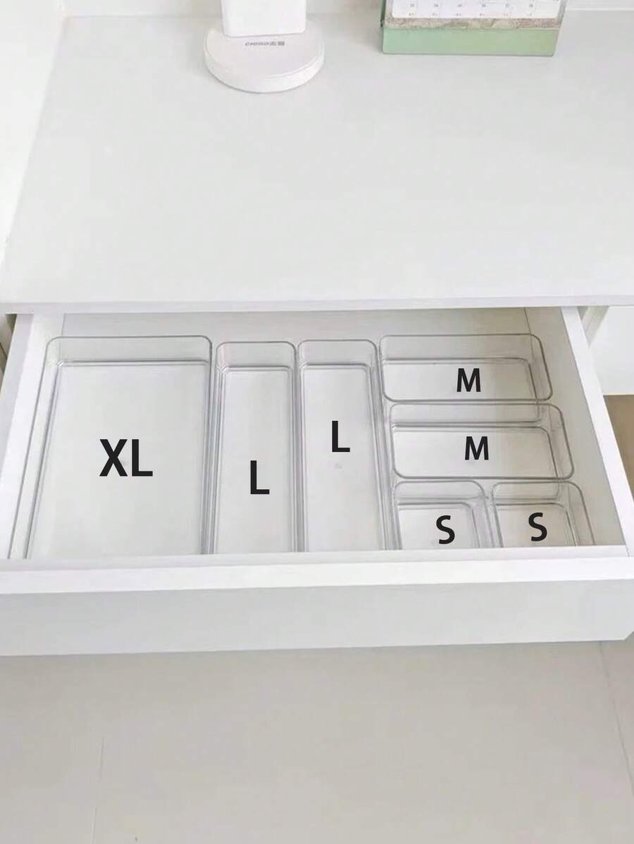 8件/4件办公桌化妆品收纳盒套装，组合透明塑料抽屉式收纳盒，梳妆台化妆品收纳盒，优雅收纳盒，办公桌抽屉隔断收纳盒，适用于厨房、卧室、浴室、办公室化妆品、珠宝、小工具、派对办公桌抽屉装饰