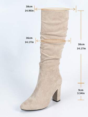 女士侧拉链粗跟褶皱杏色过膝长靴，复古欧美风，耐穿时尚的尖头靴，适合秋冬季节，舒适有型，适合各种场合，派对等。