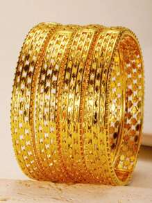 4pcs Luxury 24K Gold Hollow Pattern Women Bracelet, Suitable For Bride, Wedding, Daily Gathering