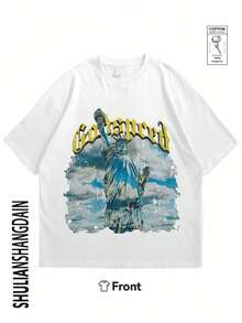 Men's casual T-shirt, single piece, 3 colors, 100% cotton, soft and comfortable, for leisure and sports, can be paired with men's shorts, men's T-shirt, men's shirt, summer T-shirt, men's sweatshirt Reflection of the Statue of Liberty in the water with text Goldspeed - Blanco - Ver 1