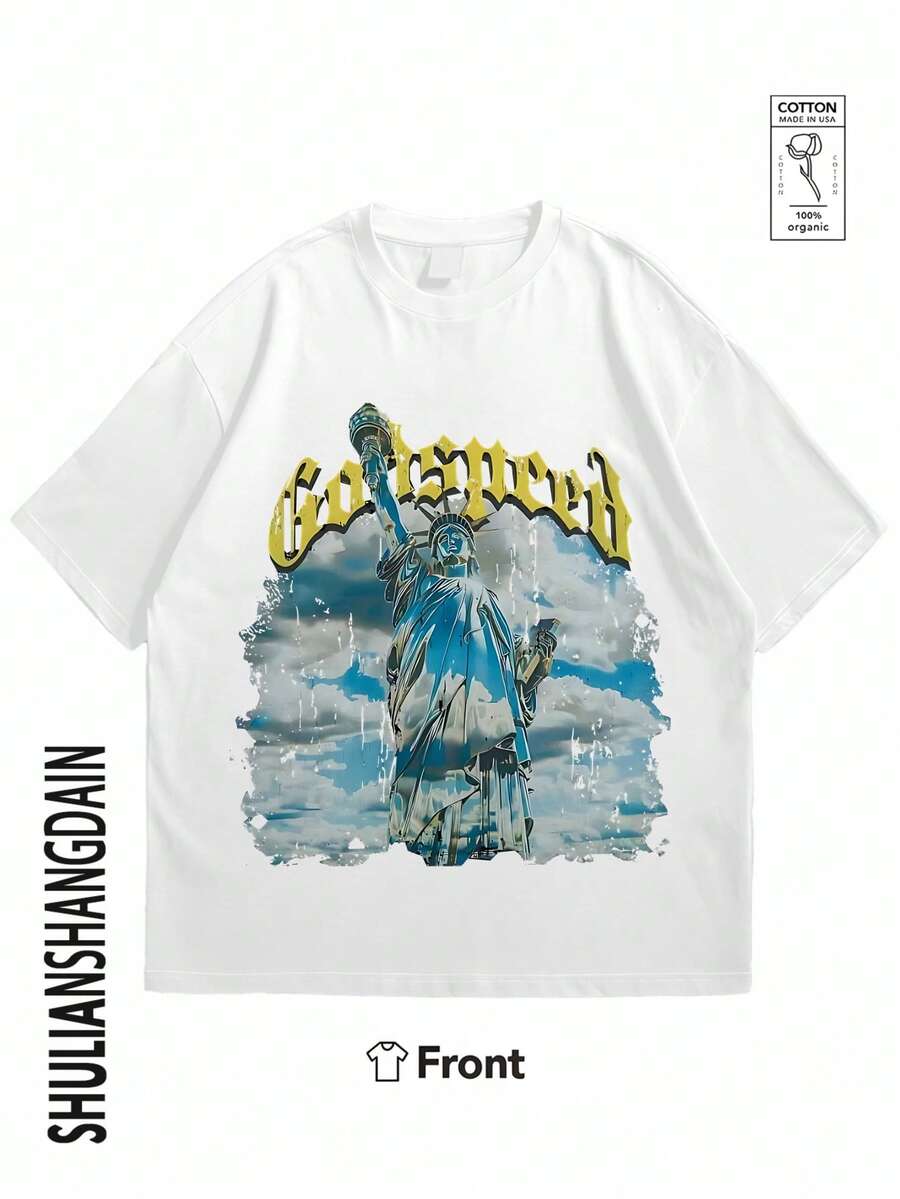 Men's casual T-shirt, single piece, 3 colors, 100% cotton, soft and comfortable, for leisure and sports, can be paired with men's shorts, men's T-shirt, men's shirt, summer T-shirt, men's sweatshirt Reflection of the Statue of Liberty in the water with text Goldspeed - Blanco - Ver 1