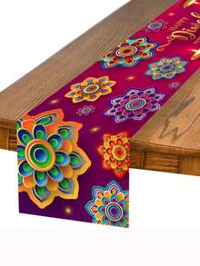 1pc Happy Diwali Table Decor, Purple Diwali Table Cloth, 180x35cm Polyester Table Decoration, Festival Party Decorations, Home Decor - Multicolor - View 3