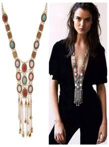 1 pieza Collar con colgante de turquesa bohemio vintage de borlas largas con diseño elegante para mujer, adecuado para regalos, fiestas, uso diario y ocasiones de boda
