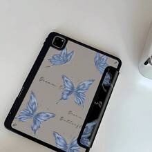 美丽的浅蓝色蝴蝶和字母双面彩涂亚克力透明水晶背板防震，兼容第 7 代和第 8 代（10.2 英寸）iPad，带第 10 代保护壳，内置笔槽，支持睡眠和唤醒，节日礼物，新年礼物