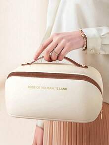 1个大容量双层化妆包，化妆品收纳包，PU皮革防水化妆盒，轻便带隔层的洗漱包，宽敞的旅行化妆品收纳包，多功能旅行整理包，带分隔板和提手，适合上学、度假、返校及各种场合，女士旅行包 - 彩色 - 查看 6