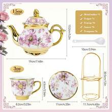 20-Piece Porcelain Tea Set With Metal Stand - Elegant European Floral Tea Cups & Saucers Set | Gold-Accented Fresh Green Ceramic Gift Set For Adults & Tea Parties - 紫色 - 查看 4