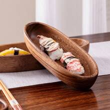 Japanese Sushi Tray Set: Walnut Wood Boat-Shaped Napkin Mat, Tea Towel Holder, Wood Bowl Plates, Salad Bowl, Hotel Supplies - Brown - View 8