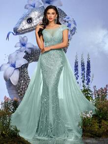 Rochii de seară formale elegante cu perle și paiete pentru femei, de primăvară, tip sirenă, pentru bal, nuntă, cocktail, petrecere, Maxi, rochie de gală, absolvire, banchet, eveniment, rochie - Albastru Menta - Vizualizare 5