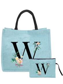 Sunflower & Daisy, Letter A-Z Print Blue Linen Tote Bag, Perfect Holiday Gift, Multifunctional Portable Handbag/Shoulder Bag, Fashion Minimalist Linen Bag, Large Capacity Storage Bag, Gift For Women, Teacher's Day Gift, Cosmetic Bag - Blue - View 80