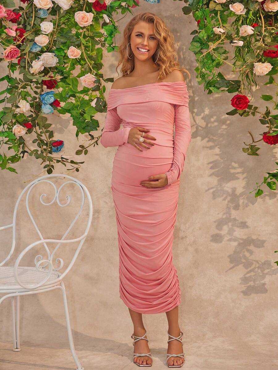Joyfunear Solid Color Sexy Ruched Fitted Off Shoulder Long Sleeve Maternity Dress - Pink - View 1