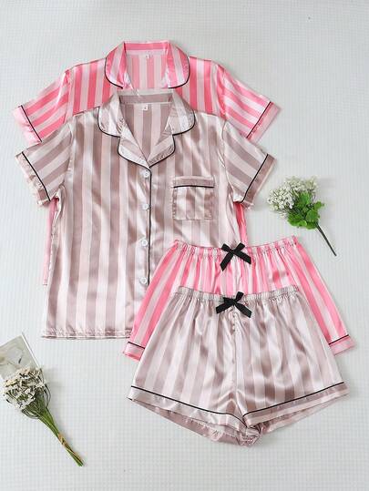 2pcs Satin Striped Lapel Button Short Sleeve Top With Pockets And Bow Shorts Pajama Set, Suitable For Home Wear, Spring/Summer