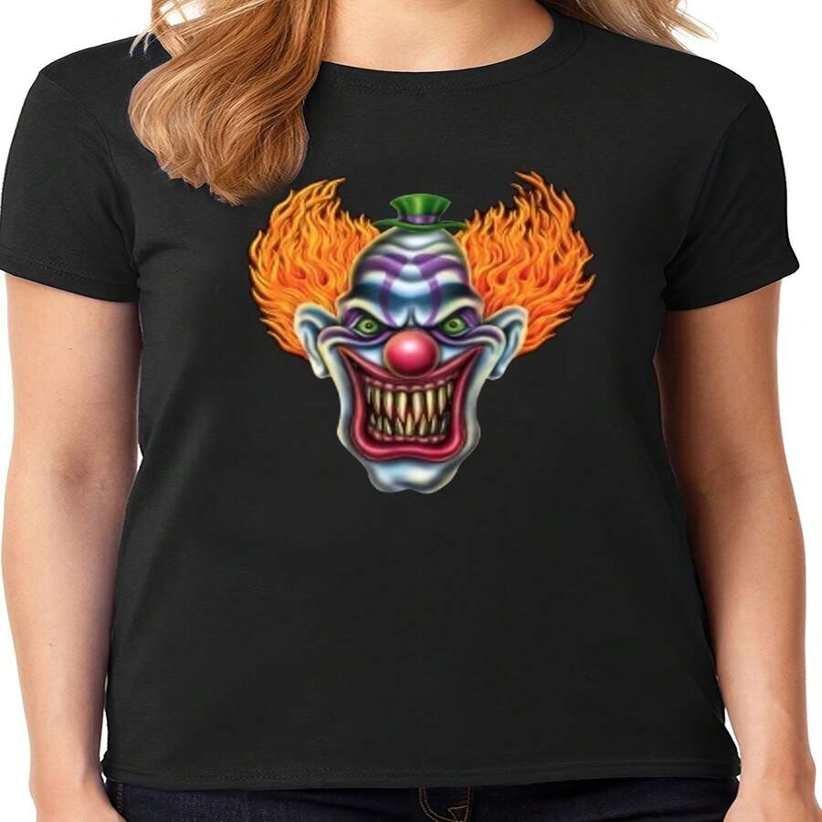 Halloween T-Shirts For Women Scary Clown Costume 220G Heavyweight 100% Cotton T-Shirt With Butterfly Print Pattern, Perfect For Girls And Women's Short-Sleeve Round-Neck Inspirational Shirt. This Cute, Aesthetic Y2K Style Summer Top Is Suitable For Outdoor, Family, Work, Or Street Wear. Its Casual Loose Fit Makes It A Great Daily T-Shirt, And It Features A Fun Halloween Twist With Spooky Elements Like Pumpkins, Bats, Or Cobwebs, Making It The Perfect Shirt For The Halloween Season. - Black - View 1