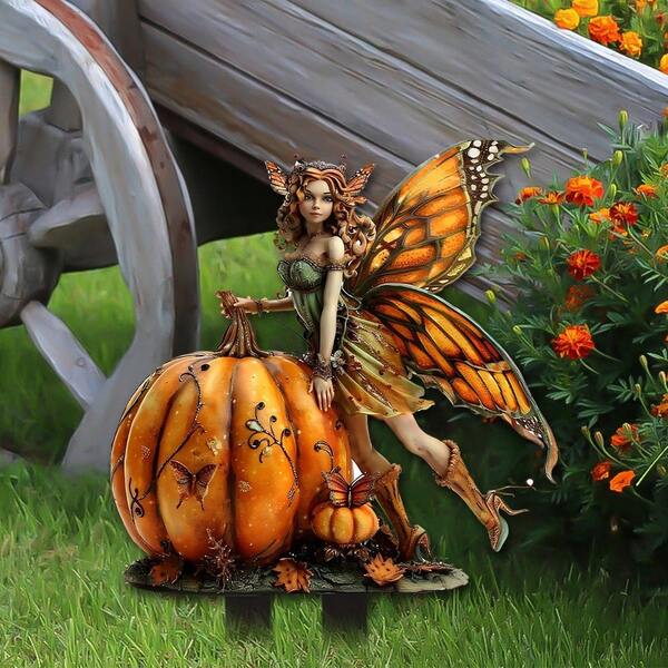Halloween Pumpkin Fairy With Wings 2D Acrylic Decor Plant Pot Stake