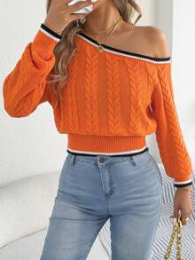 Autumn/Winter Fashionable Sexy Asymmetrical Neck Cable Knit Long Sleeve Sweater
