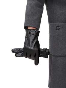 1 Pair Solid Color Casual PU Leather Men's Full Finger Touchscreen Gloves, Faux Sheepskin Faux Leather PU Gloves, Winter Riding Fashion Adult Gloves, Thermal Lined Waterproof Windproof Snow Gloves