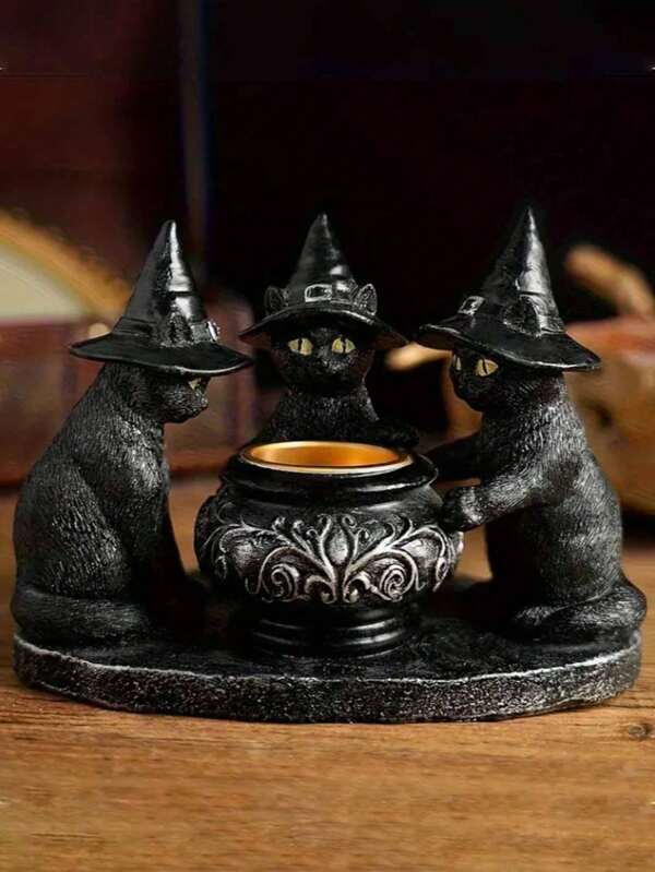 1 Decoración de escultura de bruja y gato de Halloween - 3 gatos negros lindos con sombreros de bruja y una gran escena de caldero