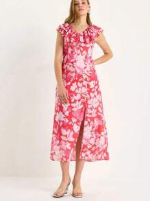 BIANCO LUCCI Zomer Boho Allover Bloemenprint V-hals Ruffle Trim Split Dij Jurk