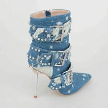 Women'S Punk-Rock Ankle Boots With Rhinestone & Studs - Graffiti Denim Stiletto Heels (Pointed Toe), Edgy Strappy Party Boots For Club/Street/Runway (All-Season Statement Shoes) - 牛仔布 - 查看 7