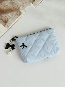 1 Piece Cute Ruffled Square Coin Purse With Bow Pattern Mini Lipstick Organizer Bag With Detachable Bow Pendant Portable Cosmetics Bag With Zipper Women's Makeup Storage Bag Soft Fabric Sanitary Napkin Organizer Bag Fashionable Clutch Pouch Wallet Small Items Storage Bag For Key, Earphone, Coin, Lipstick, Lip Oil, Card, Girls'Accessories College Vacation Cruise Summer Holiday Essentials Organizer Bag